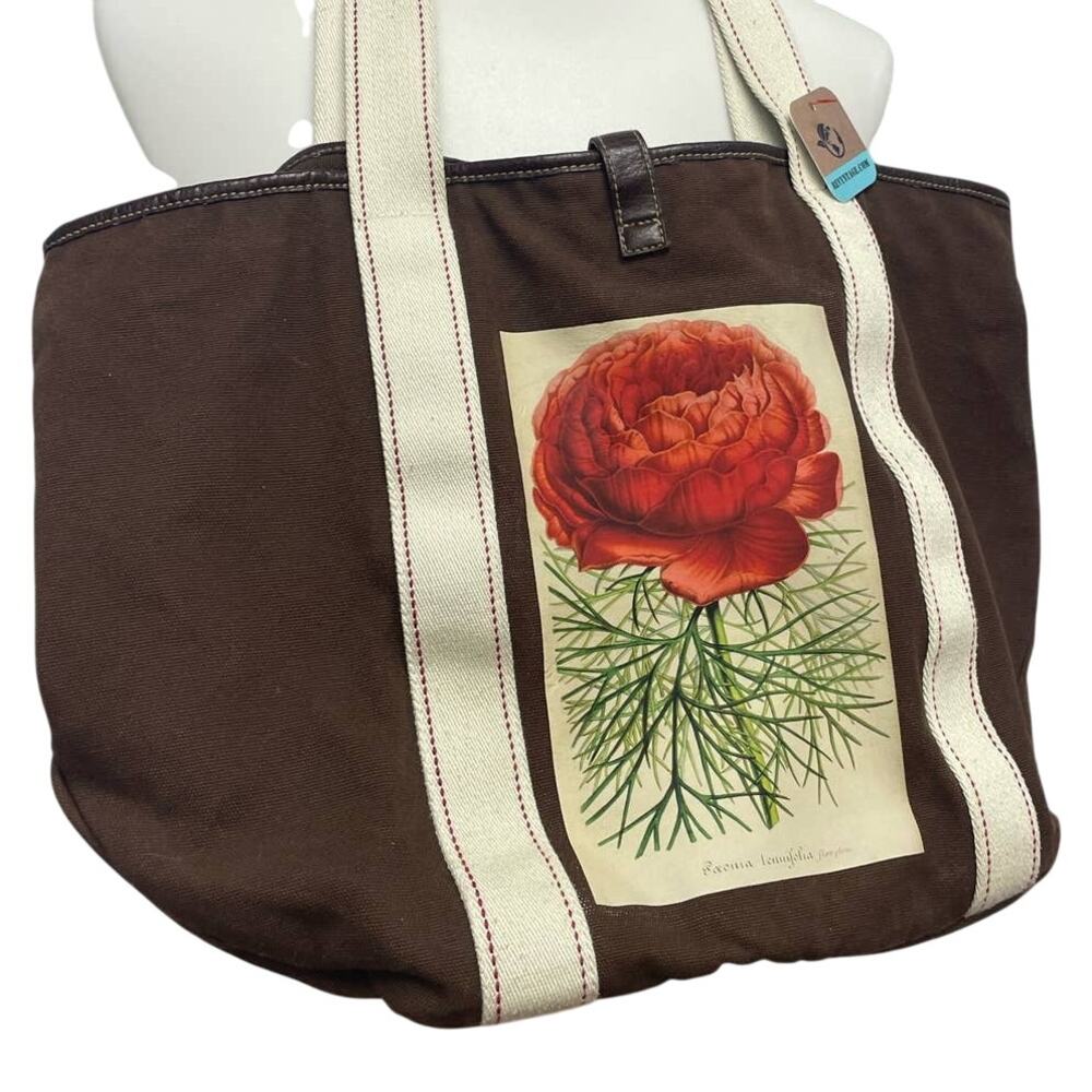 Hand Printed Upcycled Red Peony Flower Brown Canvas Cotton Tote Bag Purse